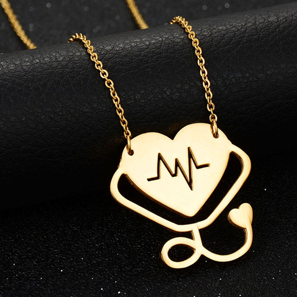 Women Fashion Medical Stethoscope Chain Double Heart Pendant Necklace Jewelry