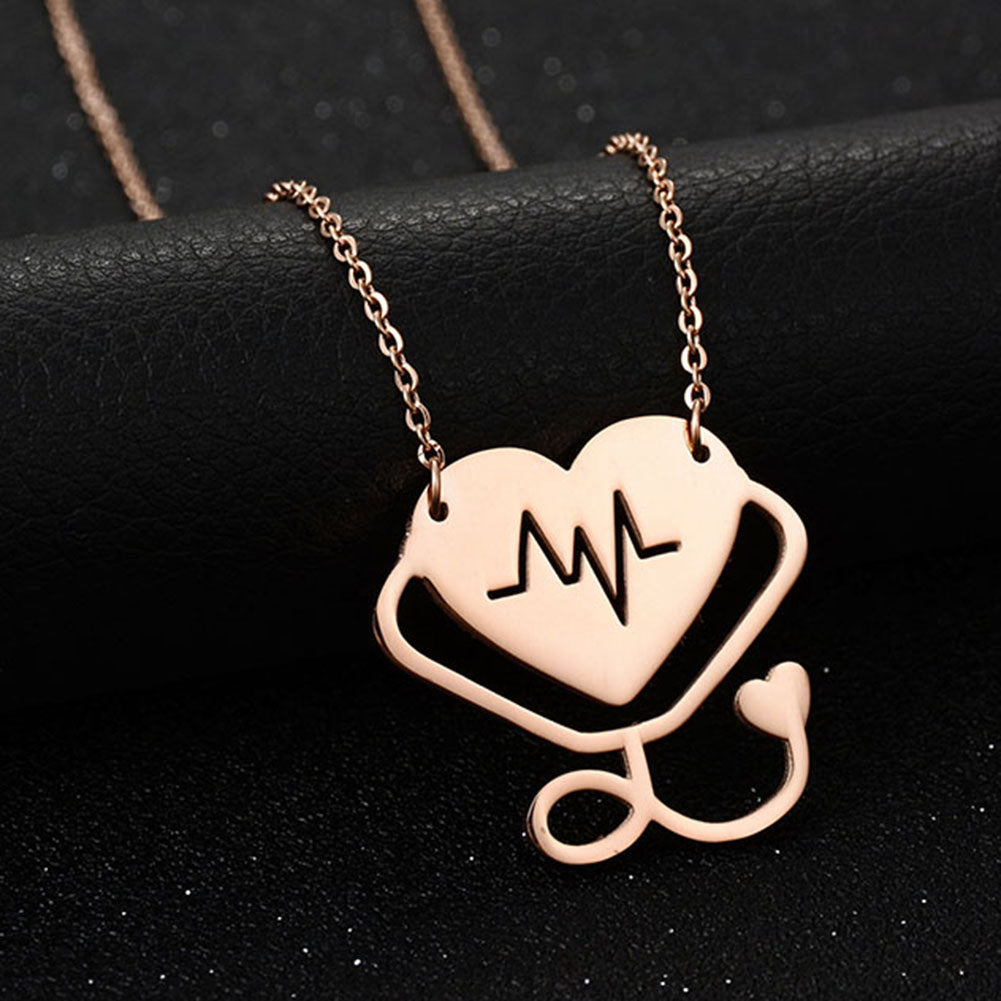 Women Fashion Medical Stethoscope Chain Double Heart Pendant Necklace Jewelry