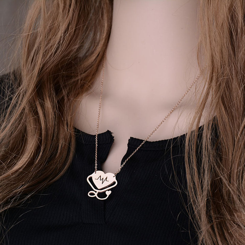 Women Fashion Medical Stethoscope Chain Double Heart Pendant Necklace Jewelry