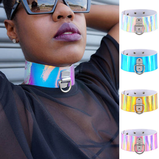 Punk D Ring Holographic Choker Laser Faux Leather Collar Night Club Necklace