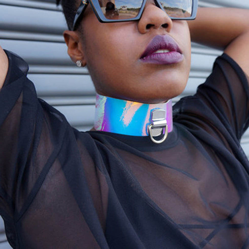 Punk D Ring Holographic Choker Laser Faux Leather Collar Night Club Necklace
