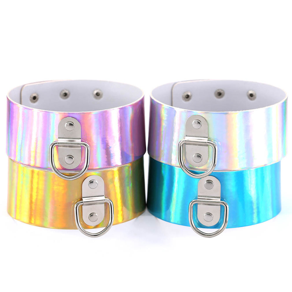 Punk D Ring Holographic Choker Laser Faux Leather Collar Night Club Necklace