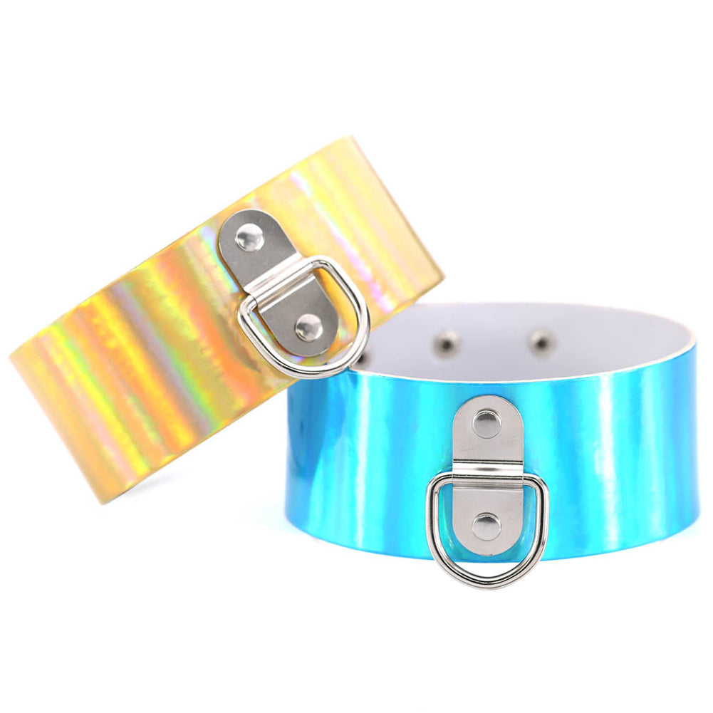 Punk D Ring Holographic Choker Laser Faux Leather Collar Night Club Necklace