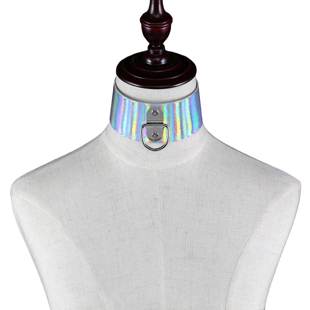 Punk D Ring Holographic Choker Laser Faux Leather Collar Night Club Necklace