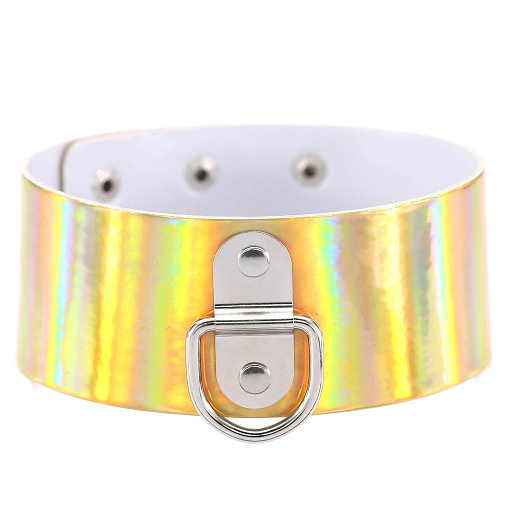 Punk D Ring Holographic Choker Laser Faux Leather Collar Night Club Necklace
