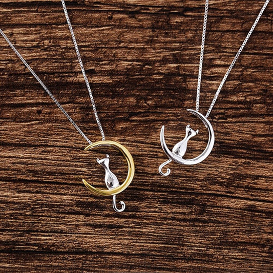 Cute Cat Sitting on Crescent Moon Pendant Necklace Simple Women Chain Jewelry