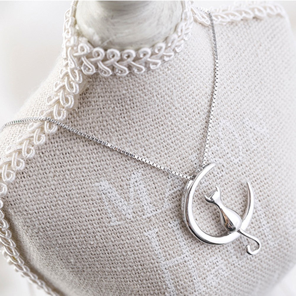 Cute Cat Sitting on Crescent Moon Pendant Necklace Simple Women Chain Jewelry
