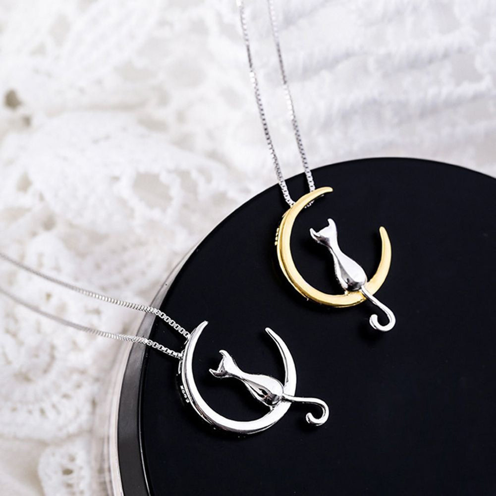 Cute Cat Sitting on Crescent Moon Pendant Necklace Simple Women Chain Jewelry
