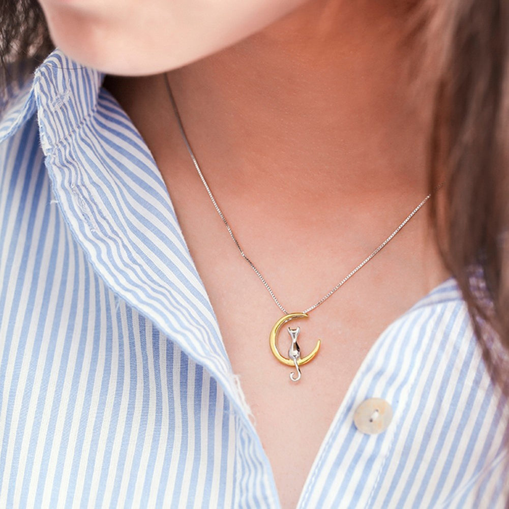 Cute Cat Sitting on Crescent Moon Pendant Necklace Simple Women Chain Jewelry