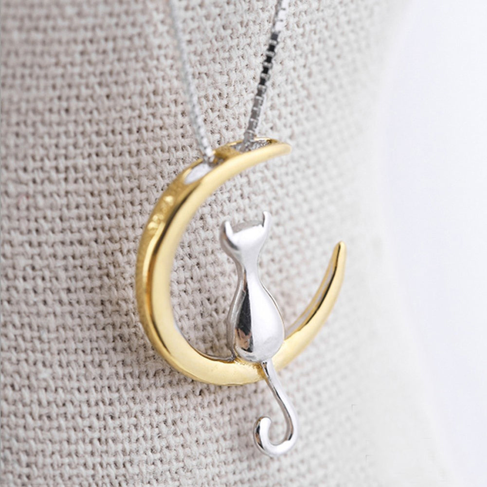 Cute Cat Sitting on Crescent Moon Pendant Necklace Simple Women Chain Jewelry