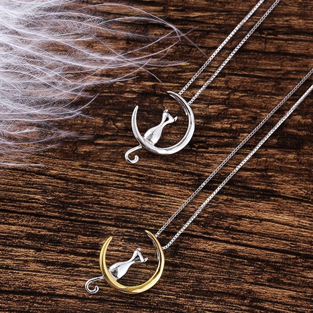 Cute Cat Sitting on Crescent Moon Pendant Necklace Simple Women Chain Jewelry