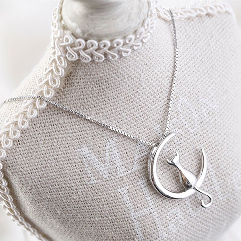 Cute Cat Sitting on Crescent Moon Pendant Necklace Simple Women Chain Jewelry