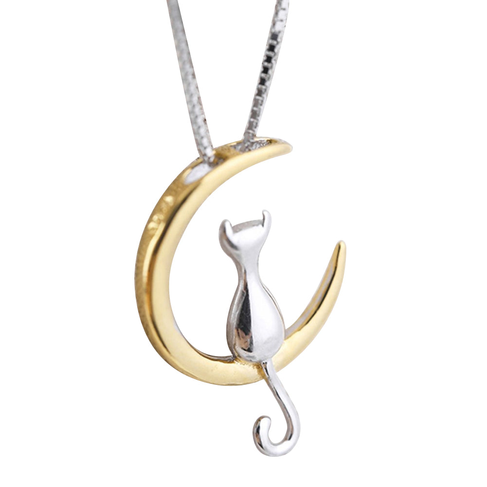 Cute Cat Sitting on Crescent Moon Pendant Necklace Simple Women Chain Jewelry