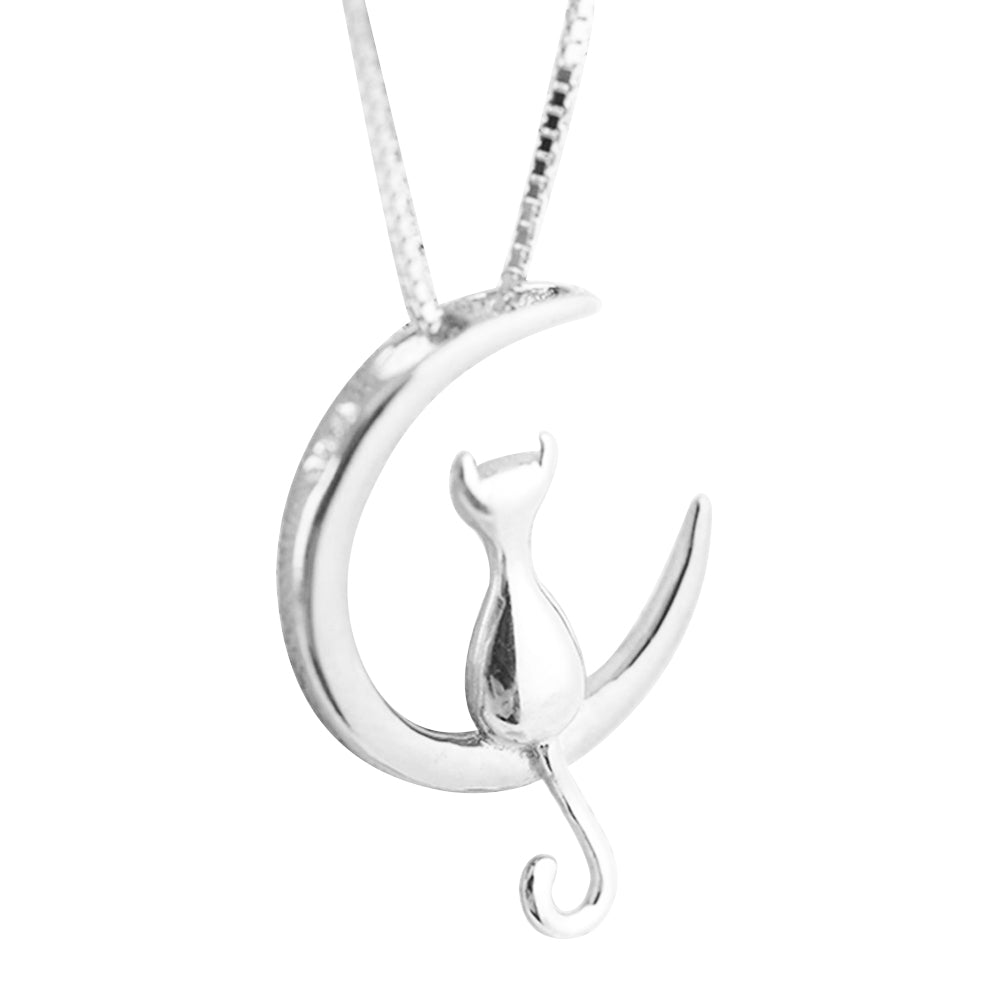 Cute Cat Sitting on Crescent Moon Pendant Necklace Simple Women Chain Jewelry