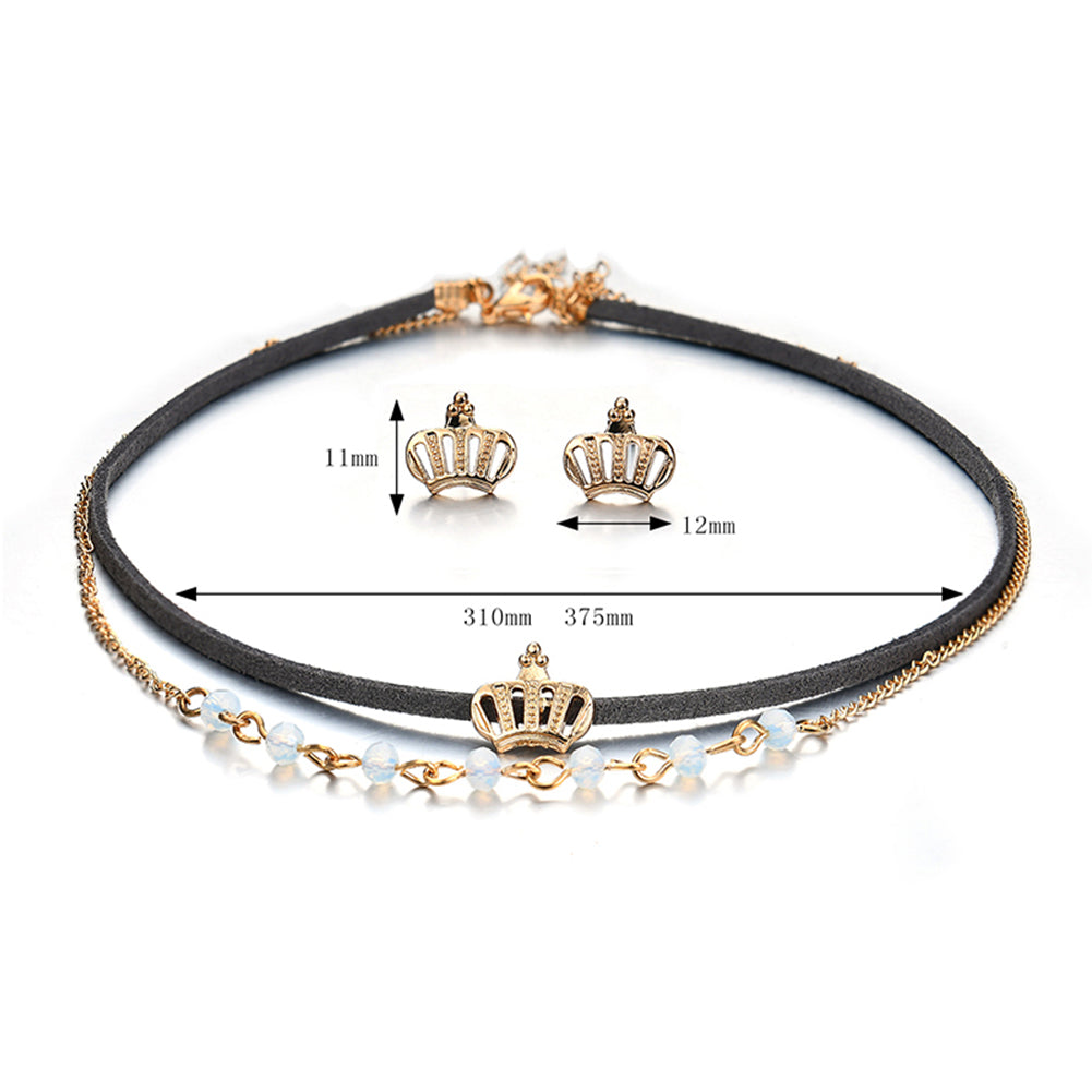 Women Crown Pendant Beads Chain Double Layer Necklace Stud Earrings Jewelry Set