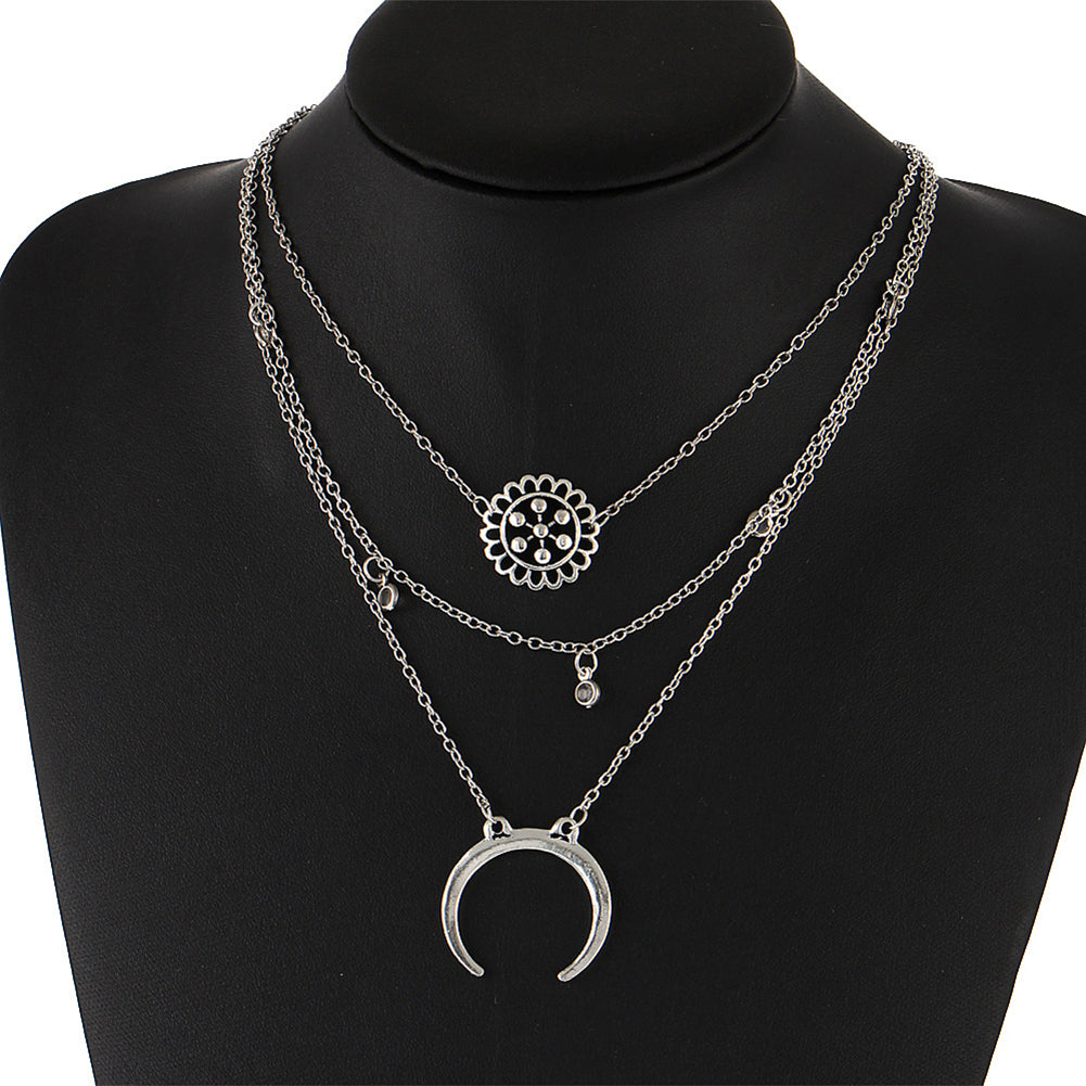 1Pc Vintage Metal Flower Moon Pendant Choker Boho Multilayer Necklace Charm