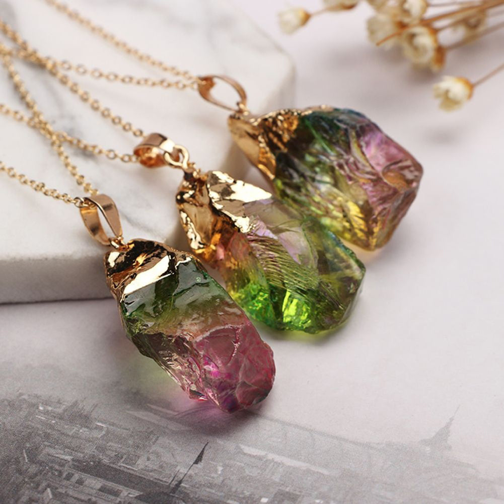 Multicolor Staining Natural Stone Pendant Rainbow Charm Necklace Unisex Jewelry