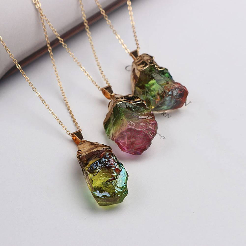 Multicolor Staining Natural Stone Pendant Rainbow Charm Necklace Unisex Jewelry