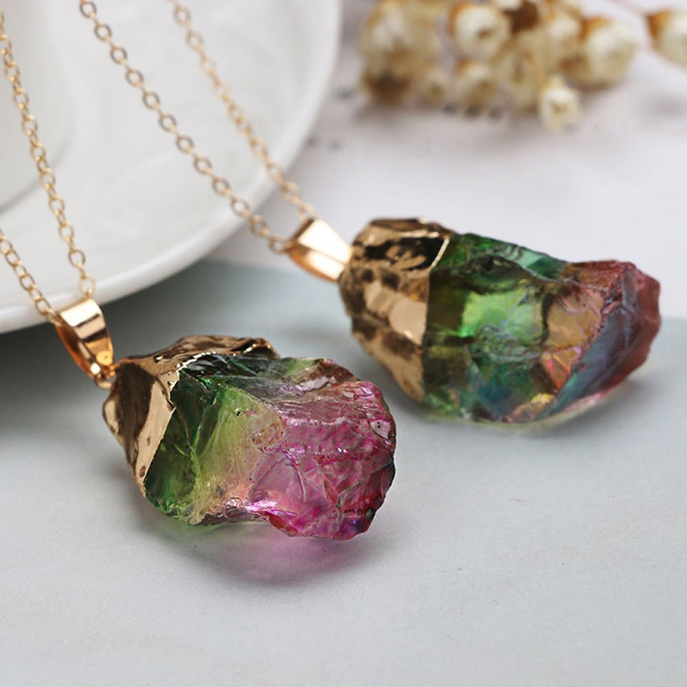 Multicolor Staining Natural Stone Pendant Rainbow Charm Necklace Unisex Jewelry