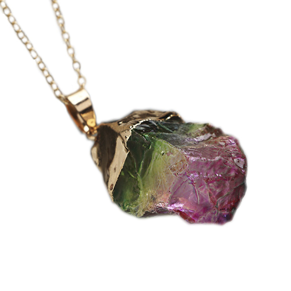 Multicolor Staining Natural Stone Pendant Rainbow Charm Necklace Unisex Jewelry
