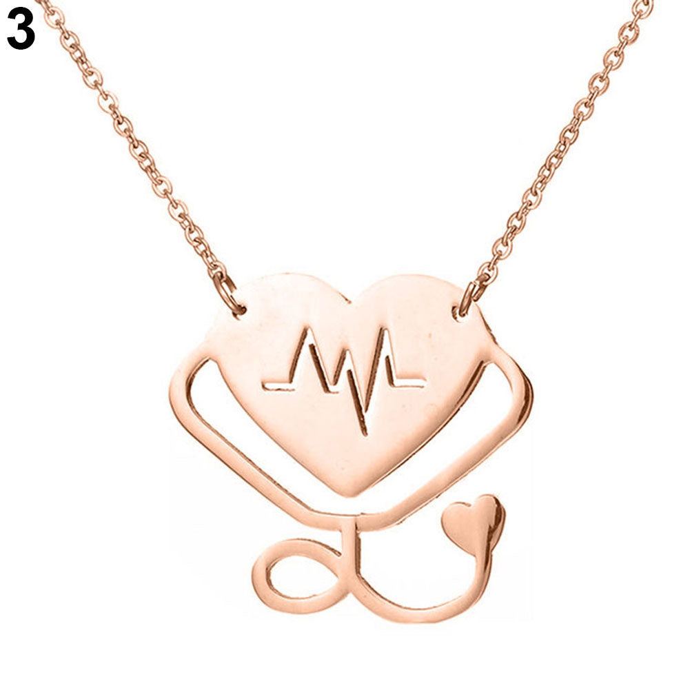 Women Fashion Medical Stethoscope Chain Double Heart Pendant Necklace Jewelry