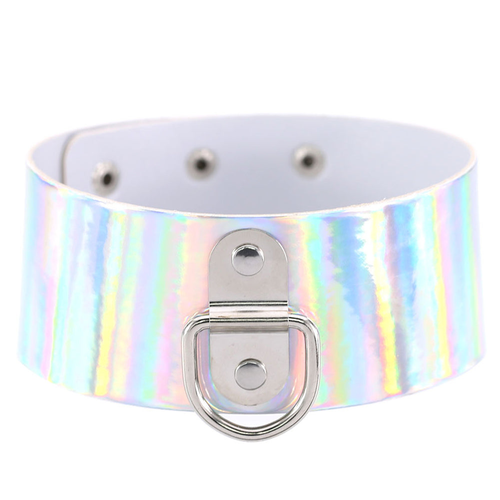 Punk D Ring Holographic Choker Laser Faux Leather Collar Night Club Necklace