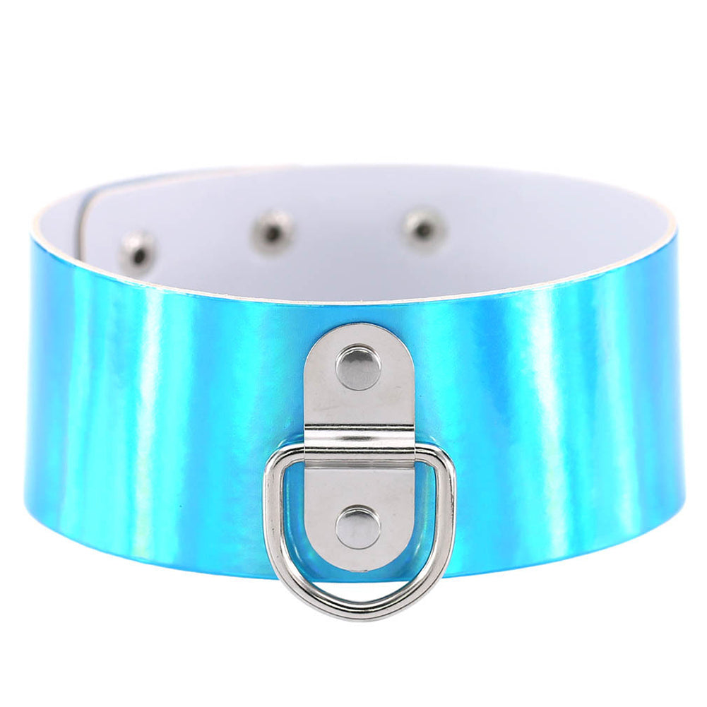 Punk D Ring Holographic Choker Laser Faux Leather Collar Night Club Necklace
