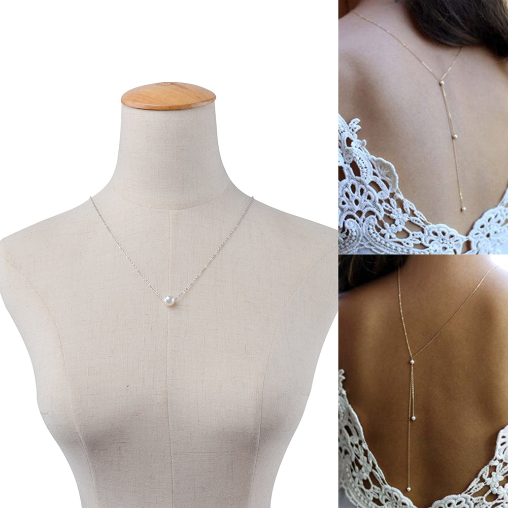 Women Back Pendant Necklace Long Alloy Chain Fashion Jewelry Faux Pearl Beads