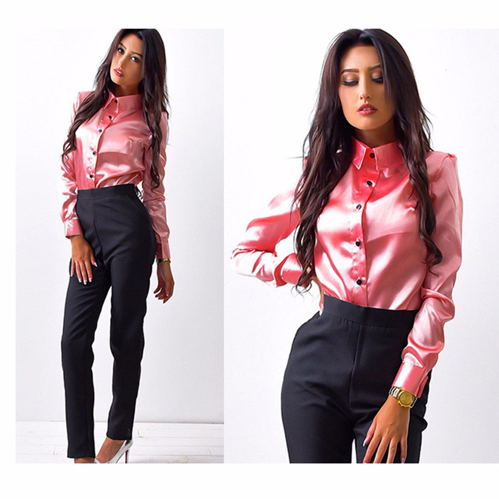 2017 Women Elegant Office Work style satin blouse Turn-down Collar Long Sleeve button high quality Silk Shirts Tops