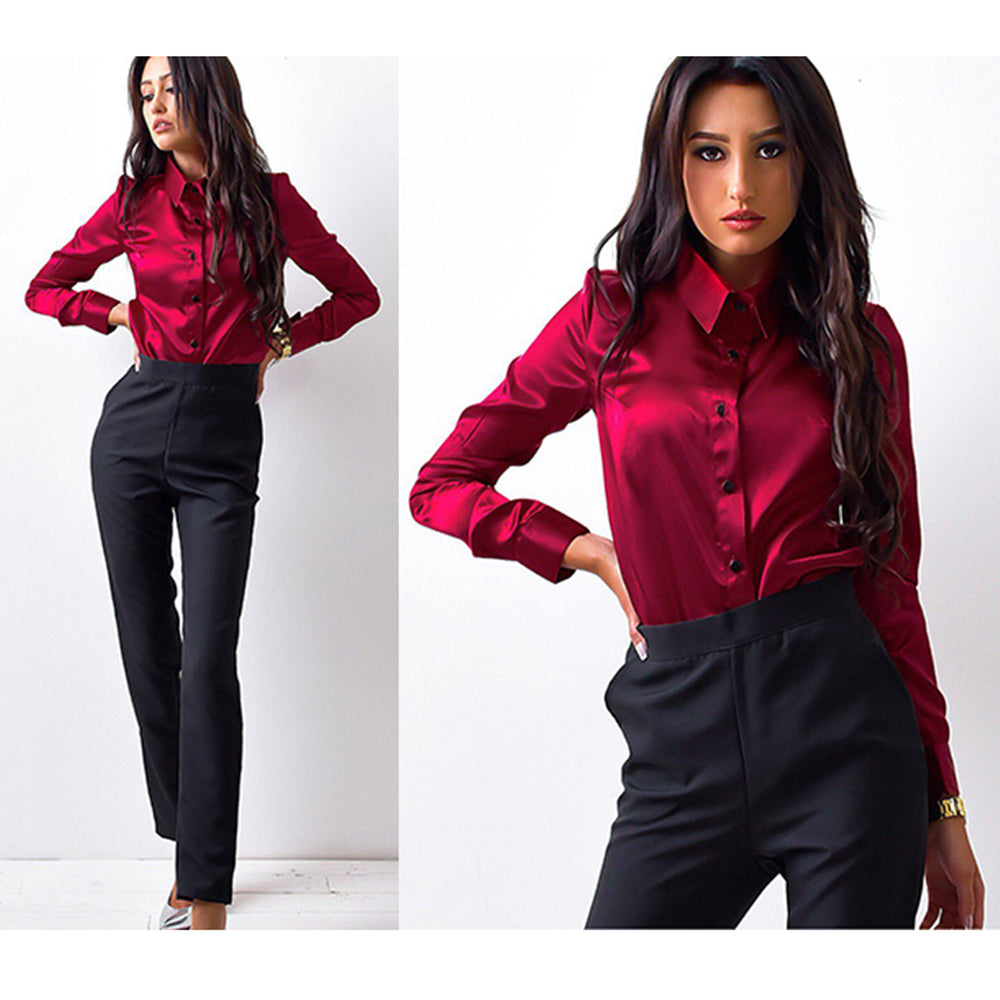 2017 Women Elegant Office Work style satin blouse Turn-down Collar Long Sleeve button high quality Silk Shirts Tops