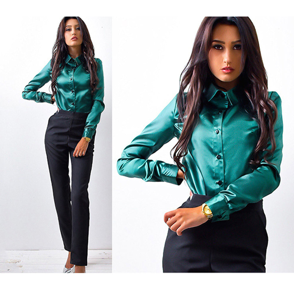 2017 Women Elegant Office Work style satin blouse Turn-down Collar Long Sleeve button high quality Silk Shirts Tops