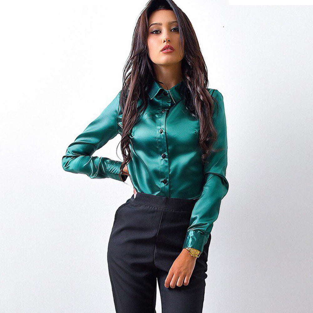 2017 Women Elegant Office Work style satin blouse Turn-down Collar Long Sleeve button high quality Silk Shirts Tops