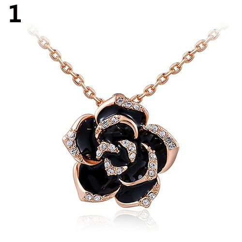 Fashion Lady Women Rhinestone Rose Flower Pendant Necklace Elegant Xmas Gift