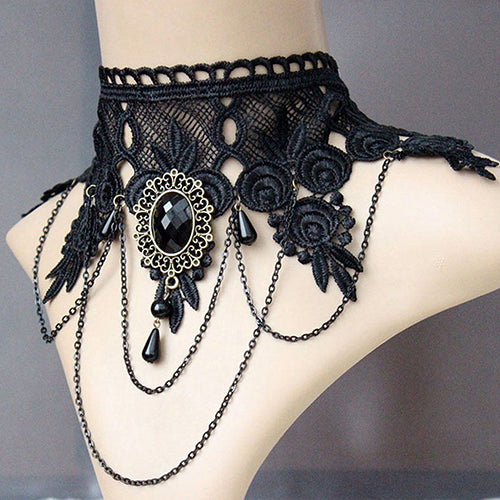 Women Vintage Gothic Black Rhinestone Lace Layered Chain Collar Necklace Choker