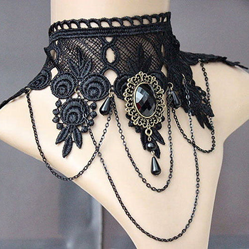 Women Vintage Gothic Black Rhinestone Lace Layered Chain Collar Necklace Choker