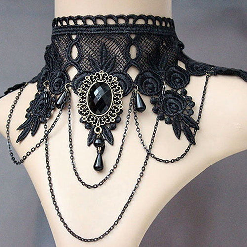 Women Vintage Gothic Black Rhinestone Lace Layered Chain Collar Necklace Choker