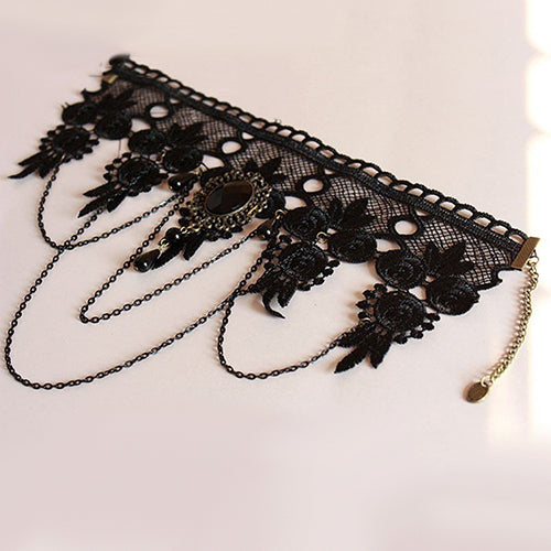 Women Vintage Gothic Black Rhinestone Lace Layered Chain Collar Necklace Choker