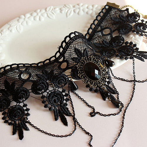 Women Vintage Gothic Black Rhinestone Lace Layered Chain Collar Necklace Choker