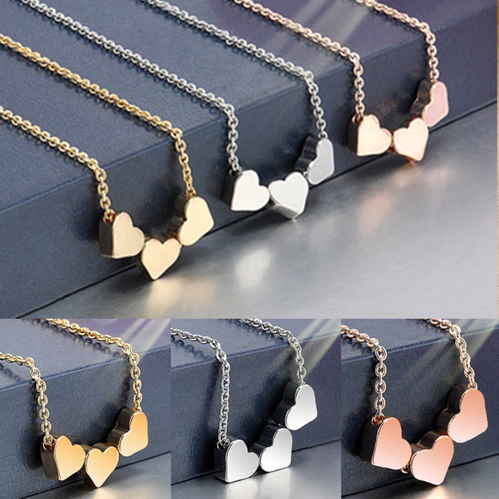 Elegant Three Love Hearts Charm Pendant Necklace Women Cocktail Casual Jewelry