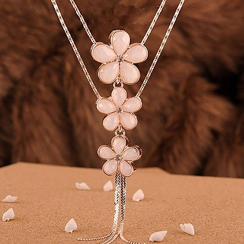 Women Vintage Rhinestone Flower Pendant Long Chain Statement Bib Necklace