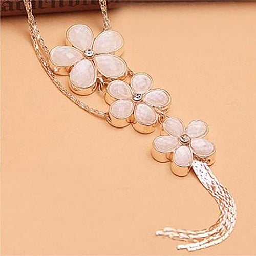 Women Vintage Rhinestone Flower Pendant Long Chain Statement Bib Necklace