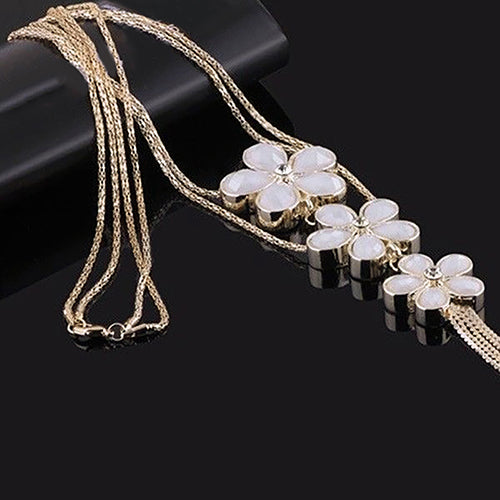 Women Vintage Rhinestone Flower Pendant Long Chain Statement Bib Necklace