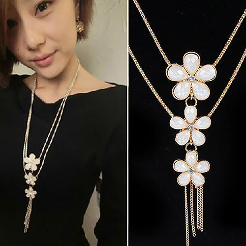 Women Vintage Rhinestone Flower Pendant Long Chain Statement Bib Necklace