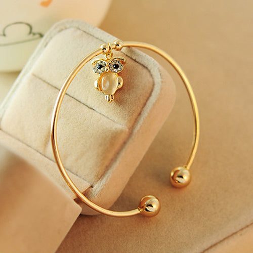 Fashion Women Owl Rhinestone Faux Opal Gold Plated Cuff Bracelet Opening Bangle