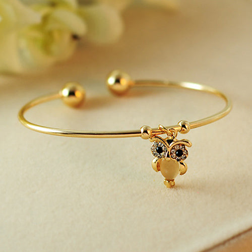 Fashion Women Owl Rhinestone Faux Opal Gold Plated Cuff Bracelet Opening Bangle
