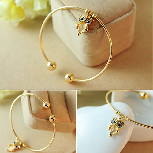 Fashion Women Owl Rhinestone Faux Opal Gold Plated Cuff Bracelet Opening Bangle