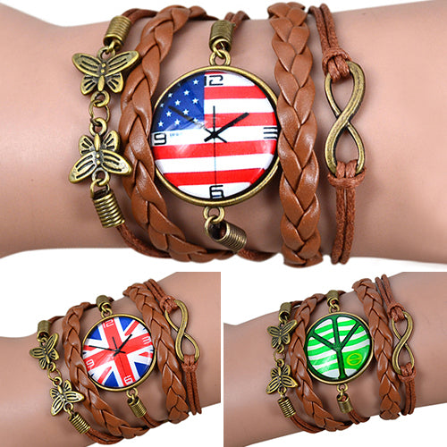 Women Vintage Butterfly Infinite Bracelet Faux Leather Weave Wristband Xmas Gift