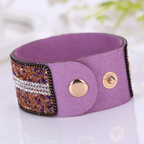 Women's Faux Leather Shiny Rhinestone Bangle Metal Button Wide Band Bracelet