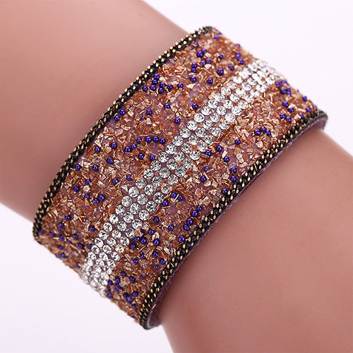 Women's Faux Leather Shiny Rhinestone Bangle Metal Button Wide Band Bracelet