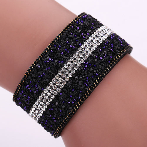 Women's Faux Leather Shiny Rhinestone Bangle Metal Button Wide Band Bracelet